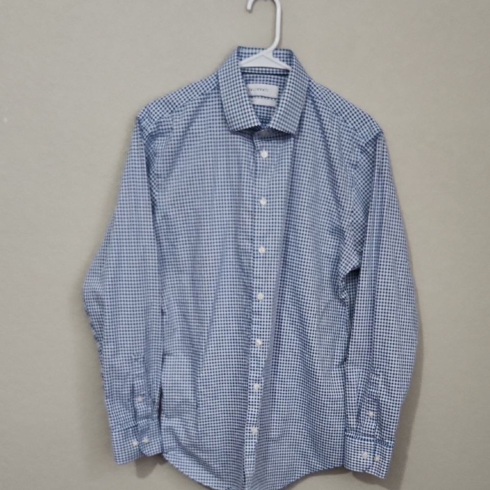Calibrate Shirt Mens Size Large or 16 34/35 Blue Gingham Trim Fit Button-Down